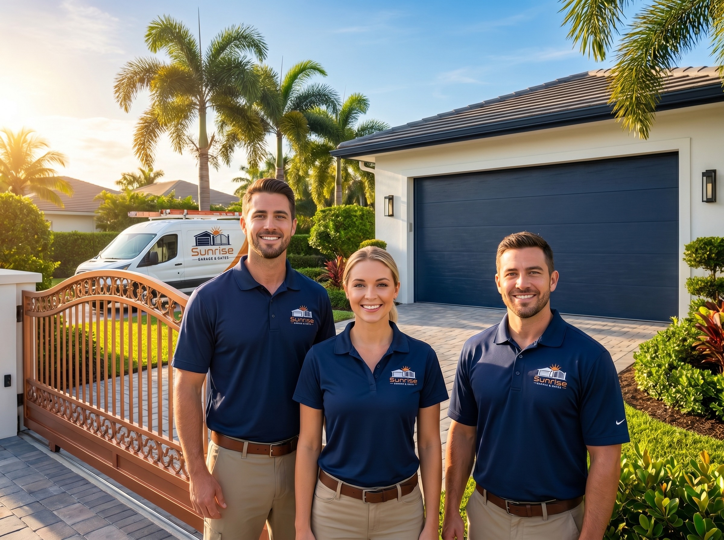 Sunrise Garage & Gates technicians at a Florida home with a service van and an installed garage door