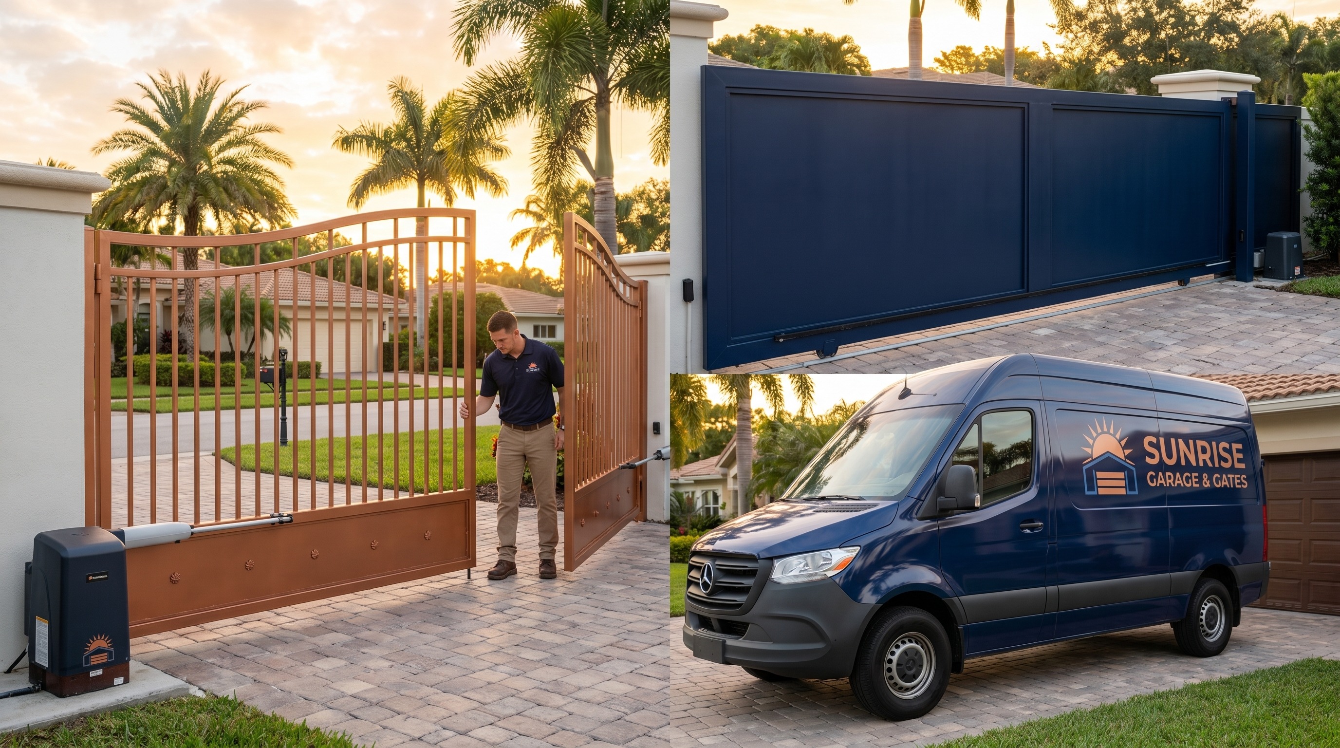 Automated swing and sliding driveway gates at the entrance of a Florida property