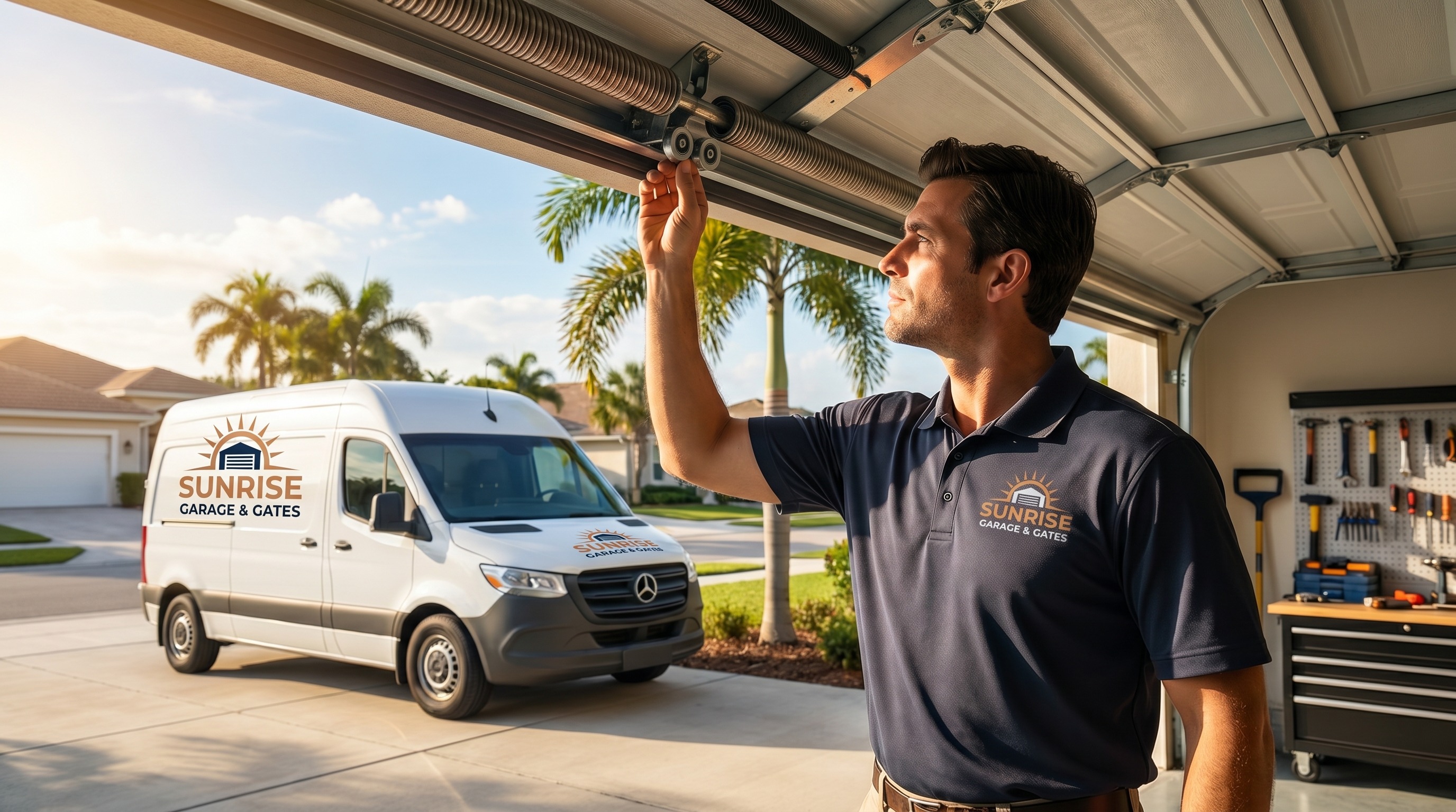 Technician lubricating garage door rollers during a seasonal maintenance check in Florida