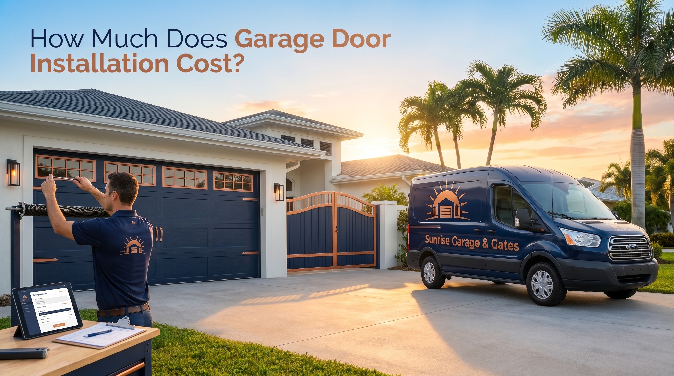 New sectional garage door being installed on a Florida home with cost breakdown notes