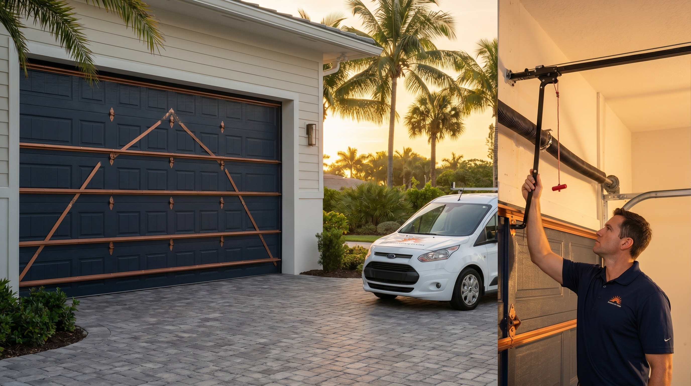 Reinforced hurricane-rated garage door on a coastal Florida home under stormy skies