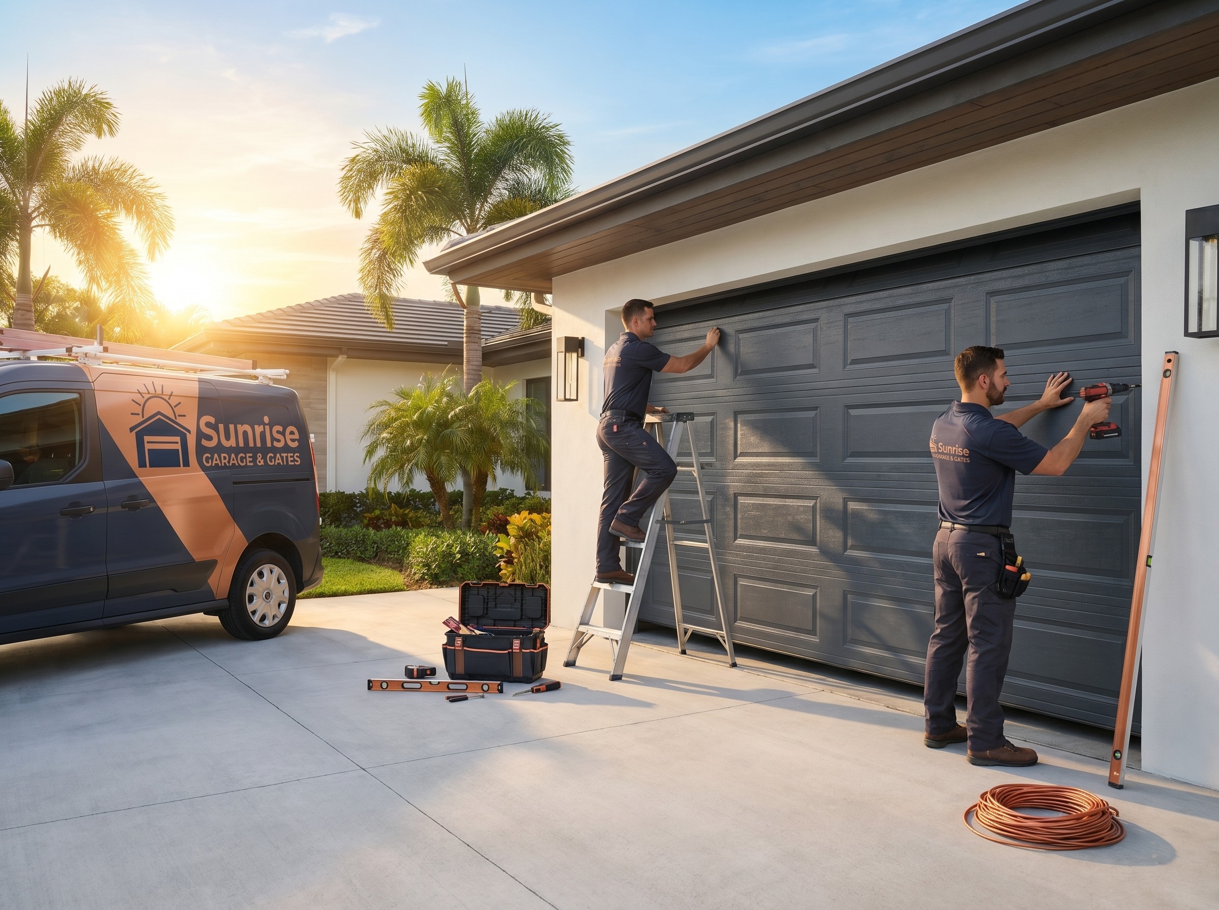New insulated garage door and custom driveway gate installed on a coastal Florida home