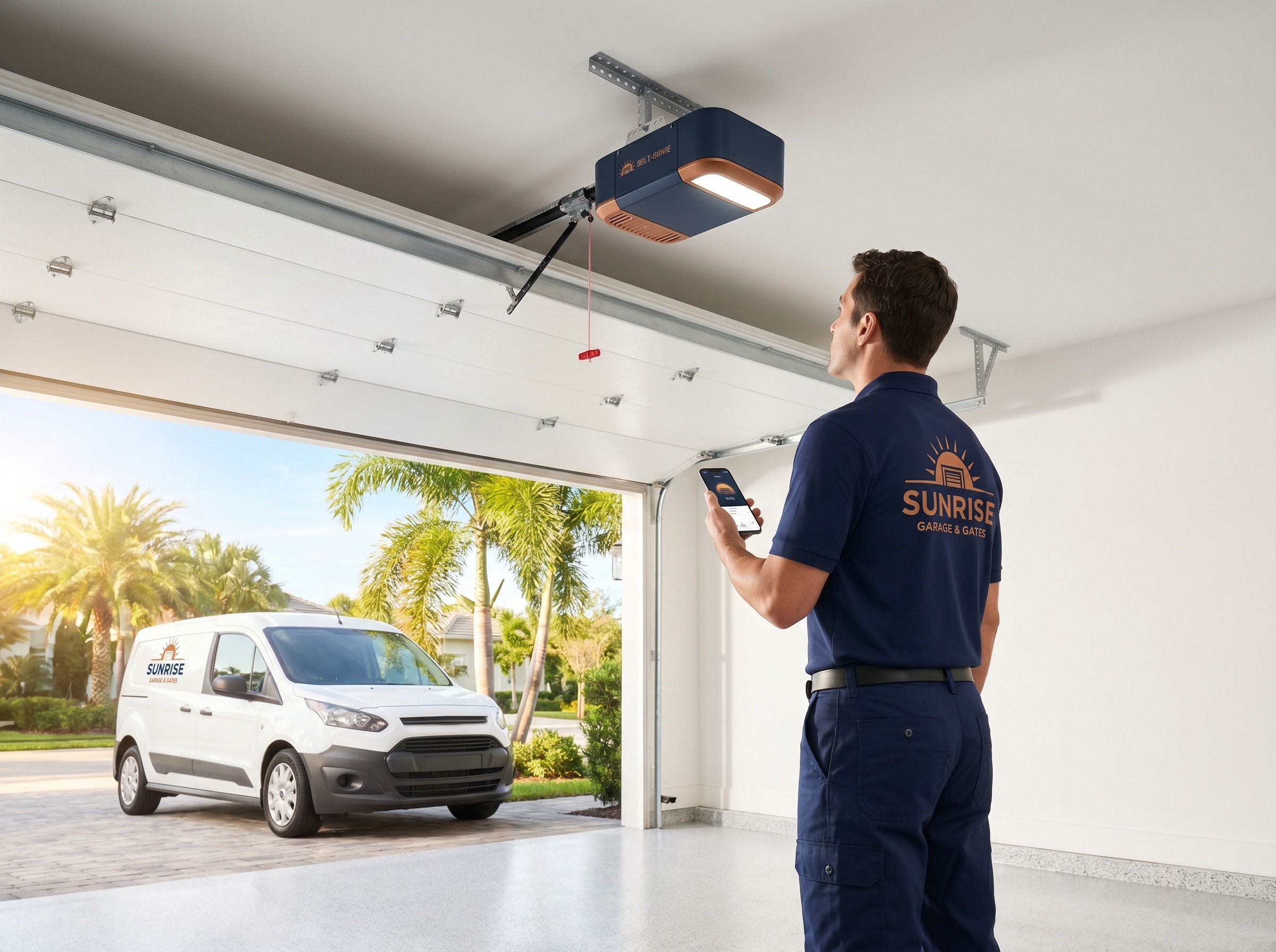Modern Wi-Fi belt-drive garage door opener mounted on a garage ceiling
