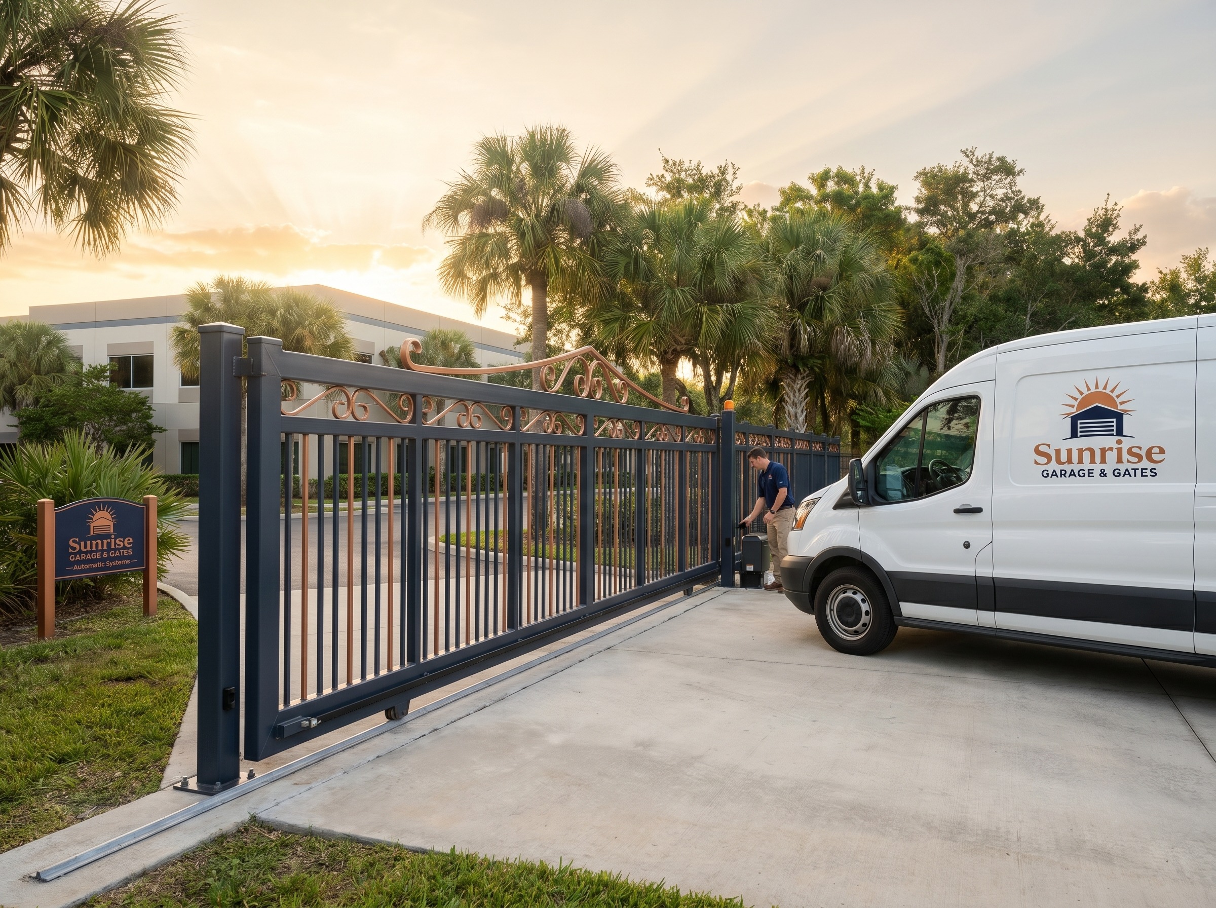 Automated cantilever slide gate across a wide commercial driveway in Florida