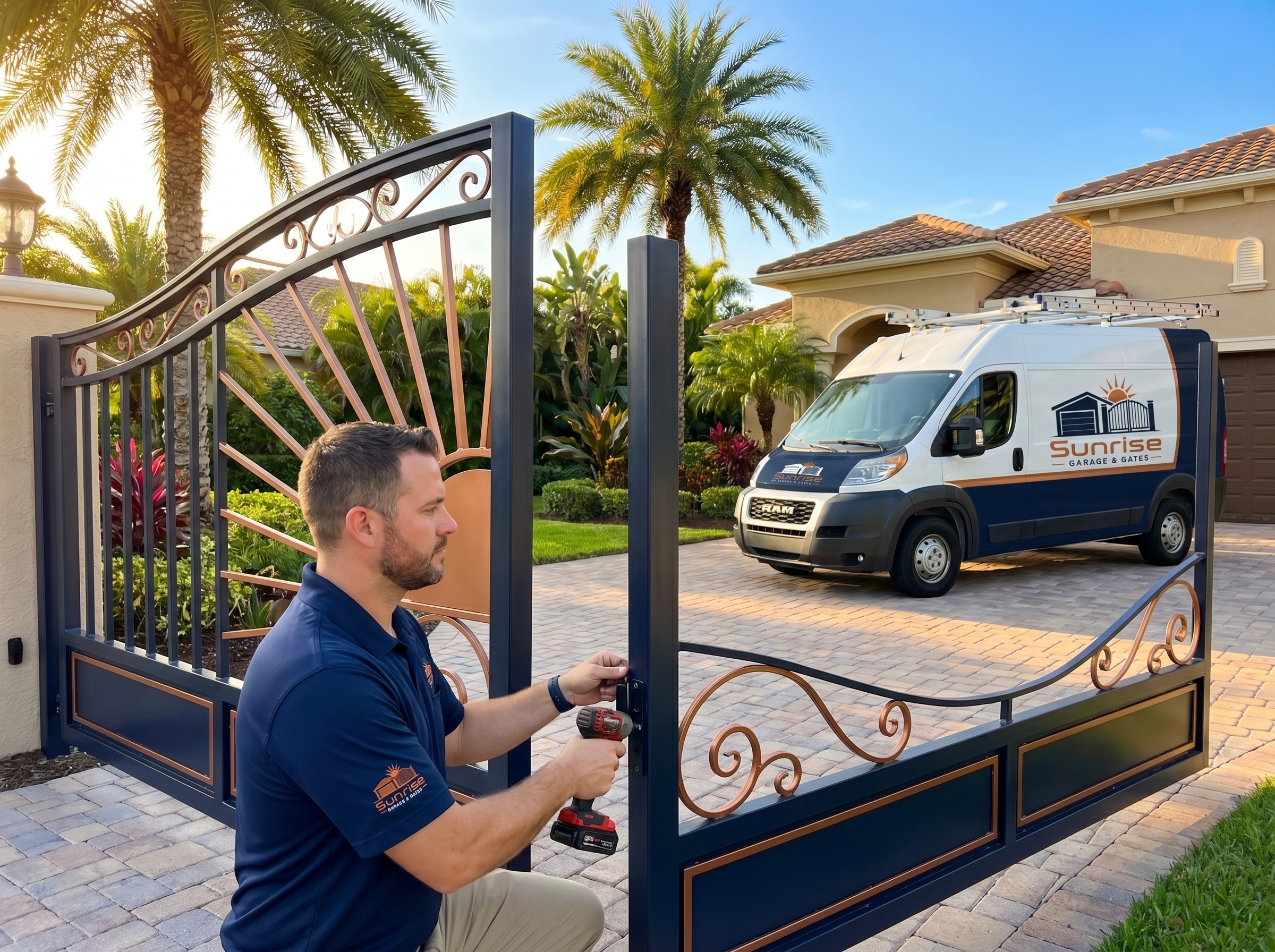 Custom ornamental swing gate at the entrance of a Florida home at sunrise