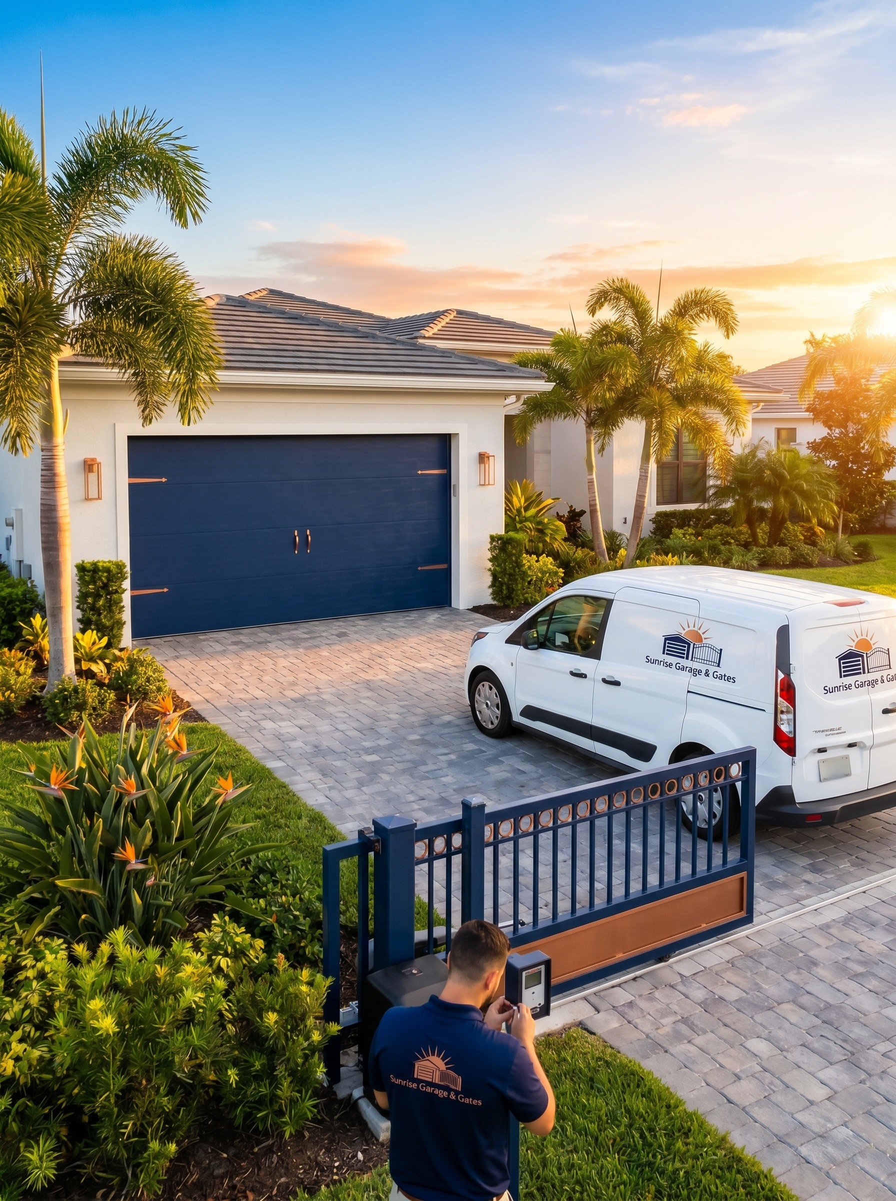 Modern Florida home at sunrise with a freshly installed copper-lit garage door and matching driveway gate