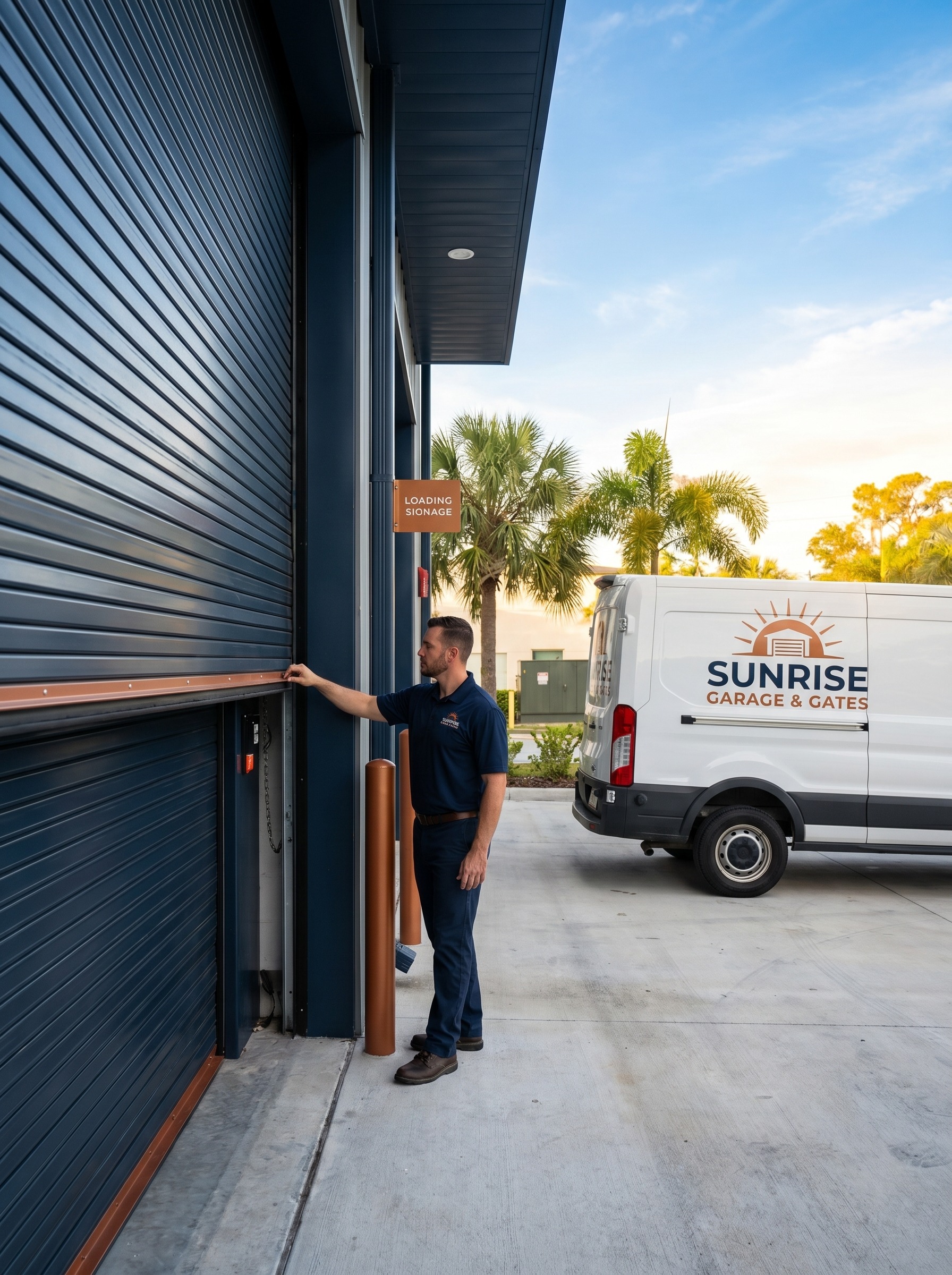 Commercial rolling steel door on a Florida warehouse loading dock