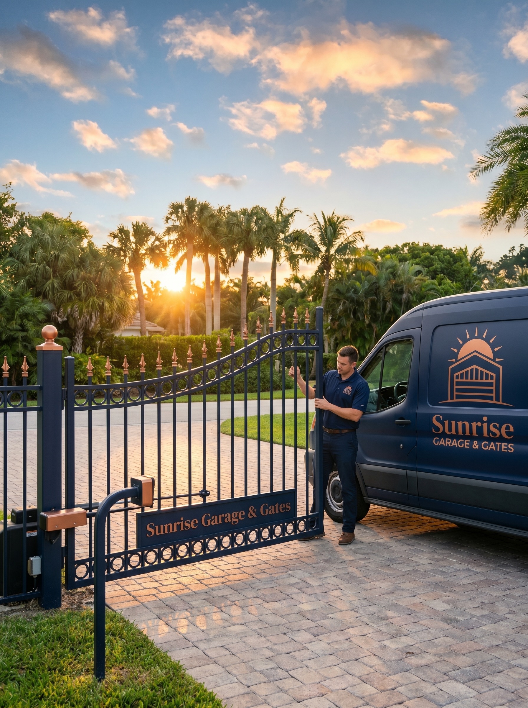 Automated aluminum driveway gate at the entrance of a Florida property